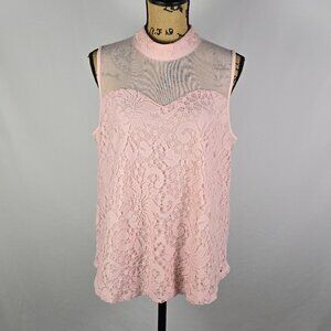 Eve & Maddie Pink Lace Sleeveless Blouse Sheer Mesh Yoke Top XL Romantic Chic